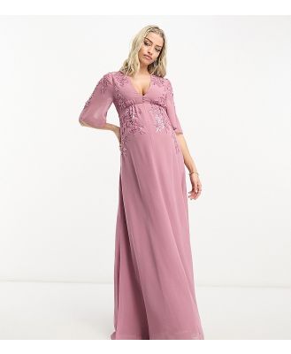 Hope & Ivy Maternity plunge front embellished maxi dress in mauve-Pink