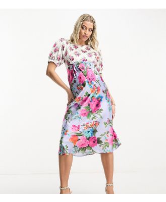 Hope & Ivy Maternity tie back puff sleeve midi dress in contrast floral-Multi