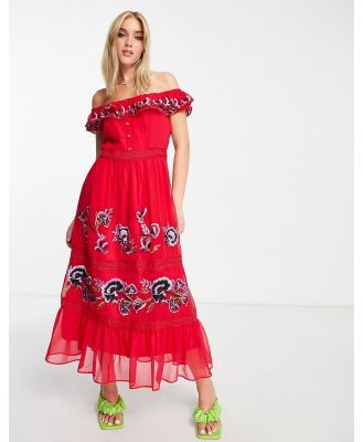 Hope & Ivy off shoulder embroidered midi dress in red