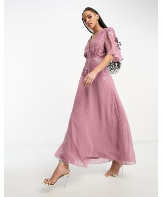 Hope & Ivy plunge front embellished maxi dress in mauve-Pink