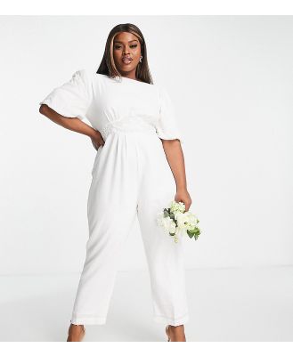 Hope & Ivy Plus Bridal puff sleeve bow back jumpsuit in ivory-White