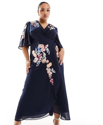 Hope & Ivy Plus flutter sleeve embroidered wrap midi dress in navy