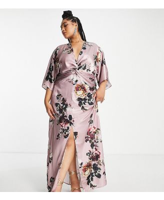 Hope & Ivy Plus kimono sleeve satin maxi dress in mauve-Brown