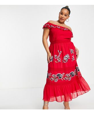 Hope & Ivy Plus off shoulder embroidered midi dress in red-Multi