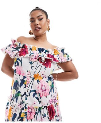 Hope & Ivy Plus off shoulder maxi dress with shirred detail in bright floral-Multi