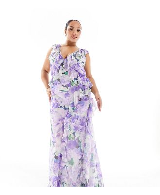 Hope & Ivy Plus ruffle front maxi dress in lilac floral-Purple
