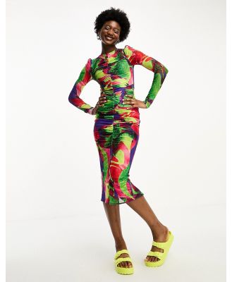 House of Holland mesh cut out ruched midi dress in multicoloured abstract print
