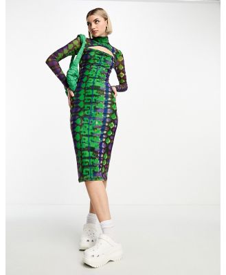 House of Holland mesh high neck cut out midi dress in green and purple abstract snake print
