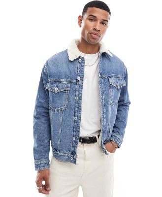 HUGO Blue Dex denim trucker jacket in midwash blue with sherpa collar