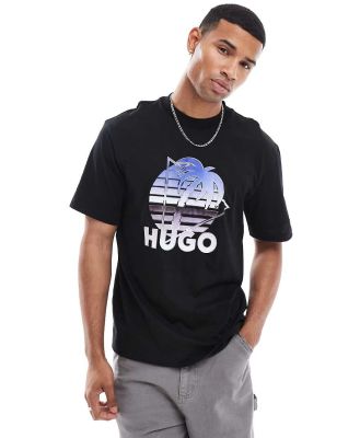 HUGO Blue Nereo t-shirt in black with palm tree logo print