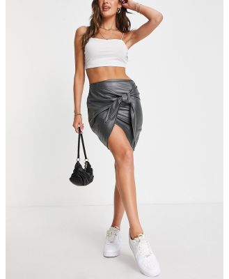 I Saw It First leather look wrap style mini skirt in khaki-Green