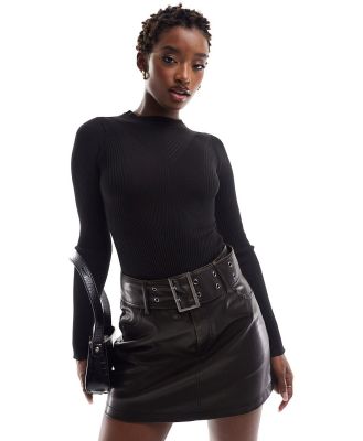 In The Style crew neck long sleeve knitted bodysuit in black