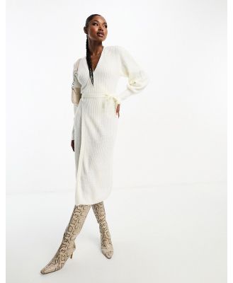 In The Style exclusive knitted wrap midi jumper dress in cream-Black