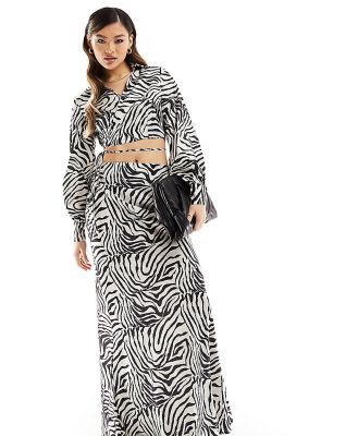 In The Style exclusive satin fishtail maxi skirt in zebra (part of a set)-Black