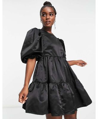 In The Style exclusive satin puff sleeve tiered mini prom dress in black