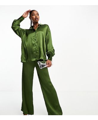 In The Style exclusive satin textured wide leg pants in khaki (part of a set)-Green