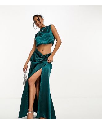In The Style exclusive satin twist front maxi skirt in teal (part of a set)-Green