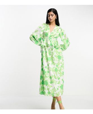 In The Style exclusive v neck ruffle waist midi dress in green floral-Multi