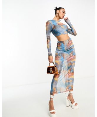 In The Style mesh column maxi skirt in blue marble (part of a set)-Multi