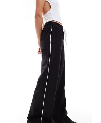 In The Style Petite side stripe drawcord tie waist straight leg pants in black