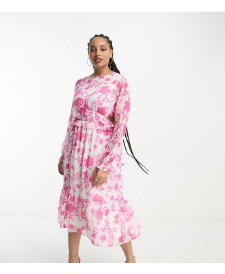In The Style Plus chiffon side cut out tiered midi dress in pink floral-Multi