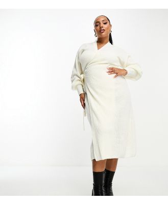 In The Style Plus exclusive knitted wrap maxi jumper dress in cream-White
