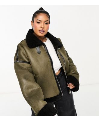 In The Style Plus exclusive Premium contrast faux suede and borg aviator jacket in khaki-Green