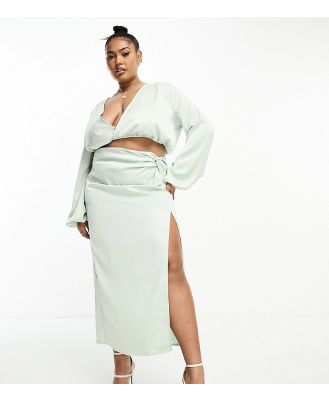 In The Style Plus exclusive satin knot drape detail midi skirt in pale green (part of a set)