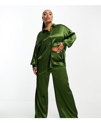 In The Style Plus exclusive satin textured wide leg pants in khaki (part of a set)-Green