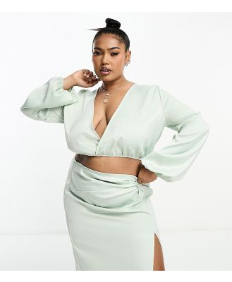 In The Style Plus exclusive satin twist front volume sleeve blouse in pale green (part of a set)