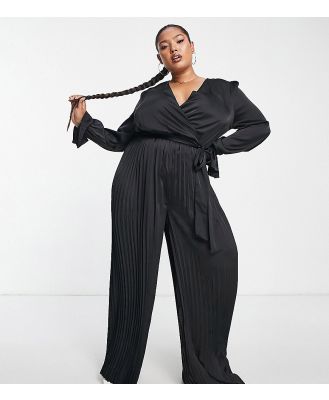 In The Style Plus exclusive satin wrap detail pleated wide leg jumpsuit with belt in black