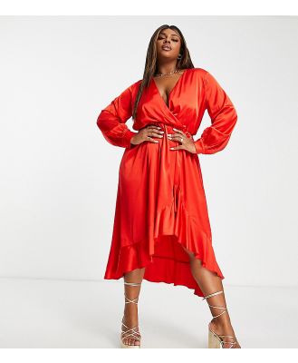 In The Style Plus exclusive satin wrap detail volume sleeve midi dress with ruffle hem detail in red