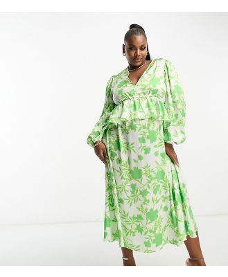 In The Style Plus exclusive v neck ruffle waist midi dress in green floral-Multi