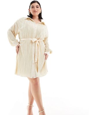 In The Style Plus plisse belted shirt dress in cream-White