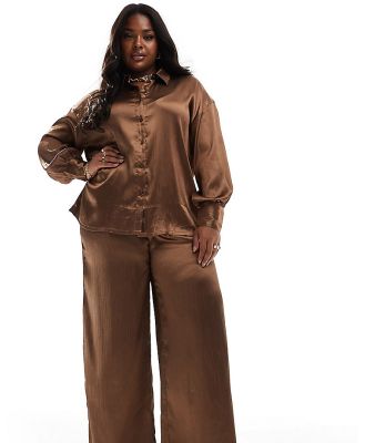 In The Style Plus satin pants in mocha (part of a set)-Brown