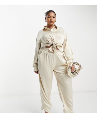 In The Style Plus satin relaxed pants in stone (Part of a set)-Neutral