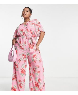 In The Style Plus x Jess Millichamp rose print wrap front jumpsuit in pink