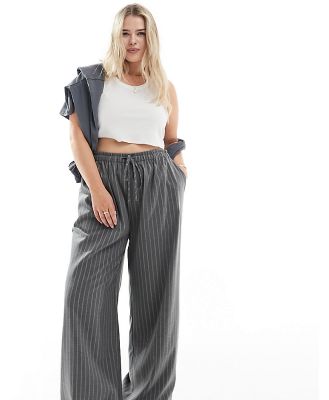 In The Style Plus x Perrie Sian exclusive wide leg drawstring pants in grey pinstripe