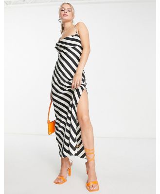 In The Style satin side split maxi dress with lace up back detail in monochrome stripe-Multi