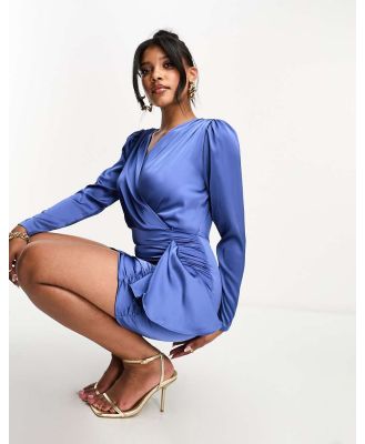 In The Style satin v neck ruched mini dress in blue