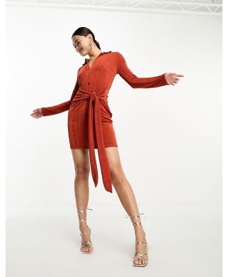 In The Style slinky button through mini belted shirt dress in rust-Red