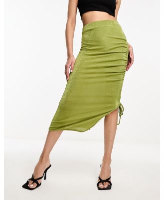 In The Style slinky ruched detail midi skirt in khaki-Green