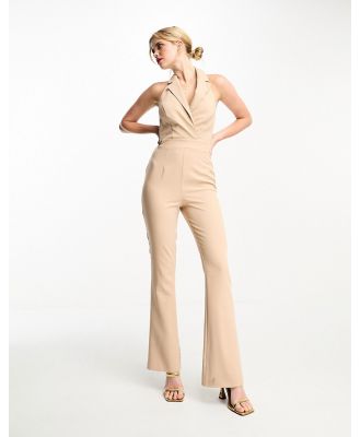 In The Style tailored halterneck sleeveless flared jumpsuit in stone-Black