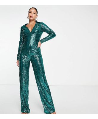 In The Style Tall exclusive sequin plunge front wide leg jumpsuit in green