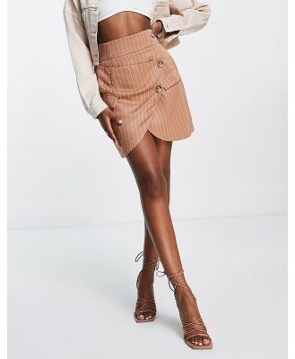 In The Style x Lorna Luxe pin stripe high waist tailored skirt in camel-Neutral