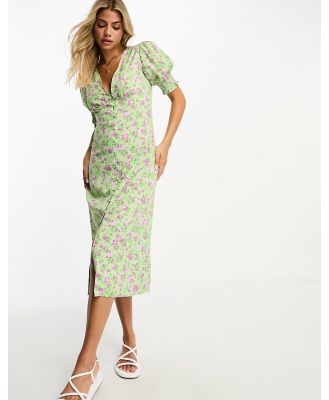 Influence button front midi dress in green floral print