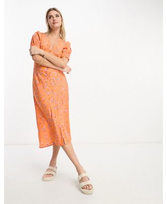 Influence button front midi dress in orange floral print