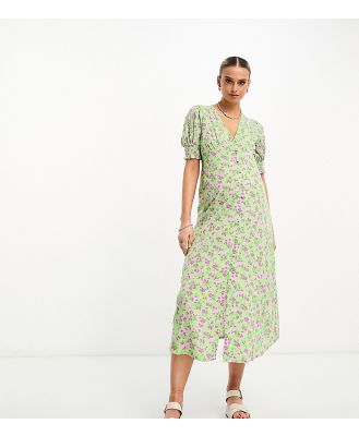 Influence Maternity button front midi dress in green floral print