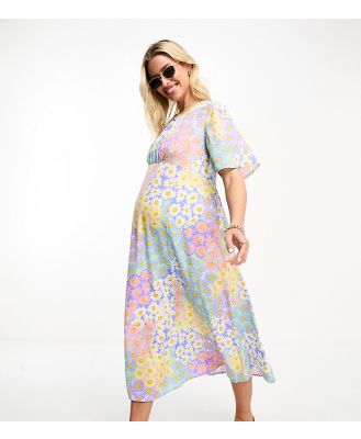 Influence Maternity flutter sleeve midi tea dress in pastel floral print-Blue