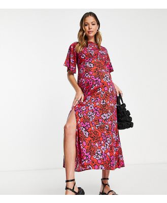 Influence Maternity flutter sleeve midi tea dress in red and pink floral